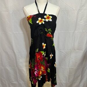 Y2K Mamta Tropical Halter Dress Black Hibiscus Asymmetrical Hem OS